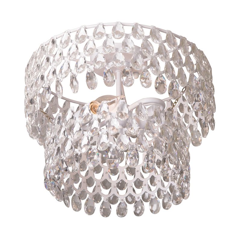 Modern 2-Light Flush Mount Light White Layered Round Ceiling Lamp with Crystal Droplet
