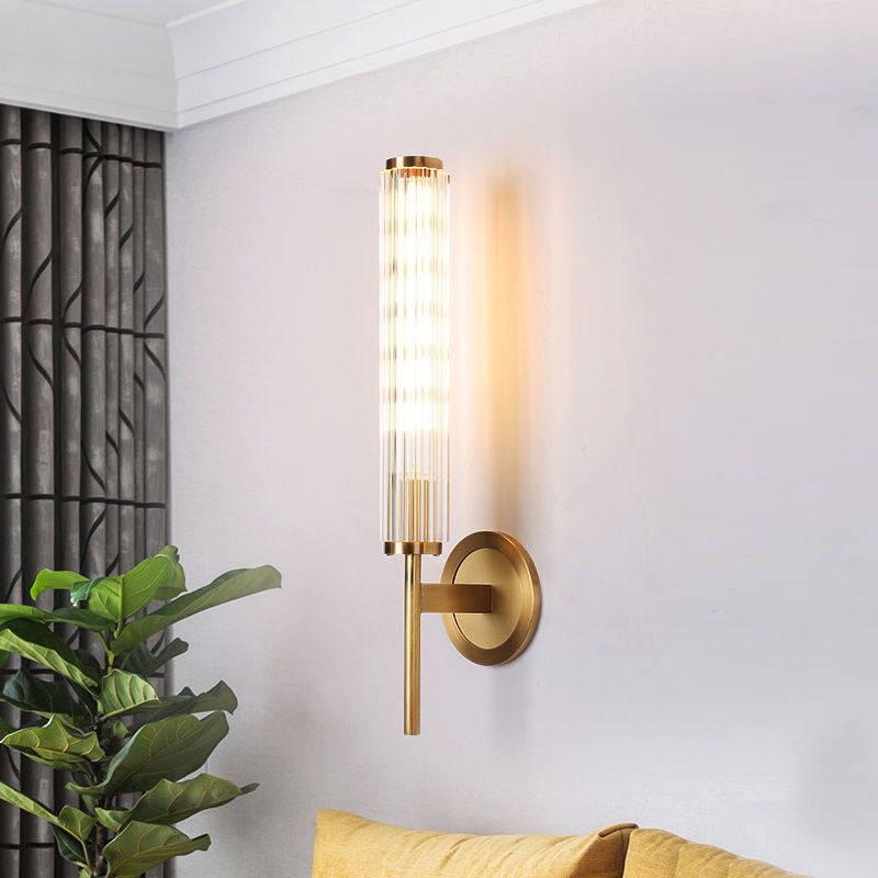 Crystal Rod Cylinder Wall Light Fixture Contemporary 1 Light Brass Wall Mount Light