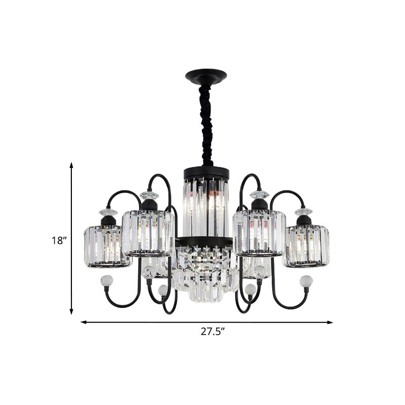 Black 6 Lights Suspension Lighting Modern Crystal Cylindrical Chandelier with Oval Arm