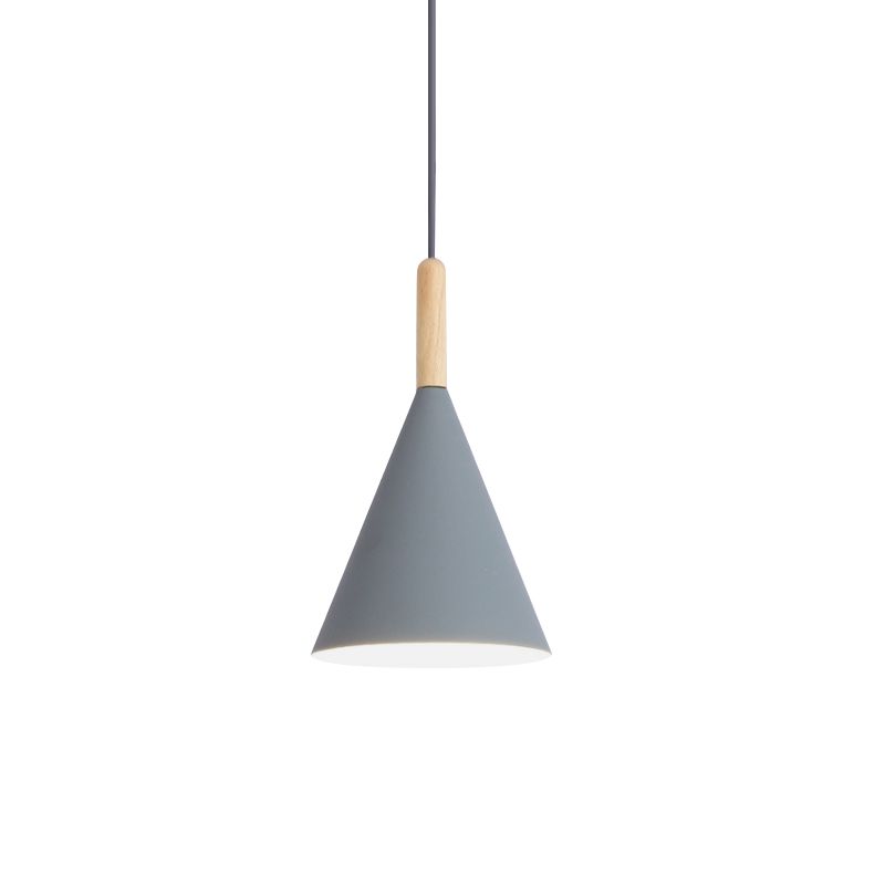 Conical Kindergarten Ceiling Pendant Iron 1-Light Macaron Hanging Light Fixture in Pink/Yellow/Grey with Wood Grip