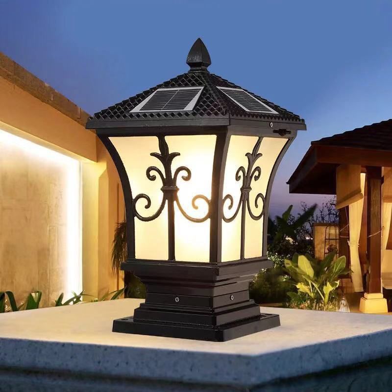 Square Waterproof Pillar Lamp Golden/Black Solar Outdoor Lights for Garden