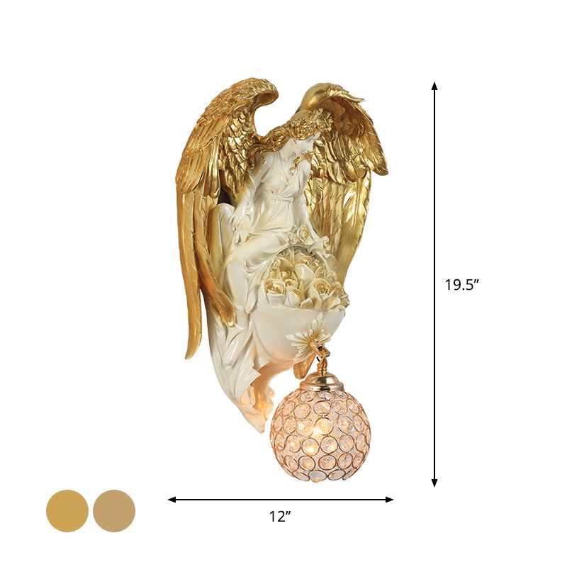 Single Light Wall Sconce Classic Style Water Drop/Dome Hand-Cut Crystal Wall Lighting Idea with Angel and Blossom Design in Gold/Dark Gold