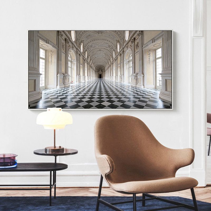 Grand Hall Building View Painting Brown Contemporary Wall Art Print for Dining Room