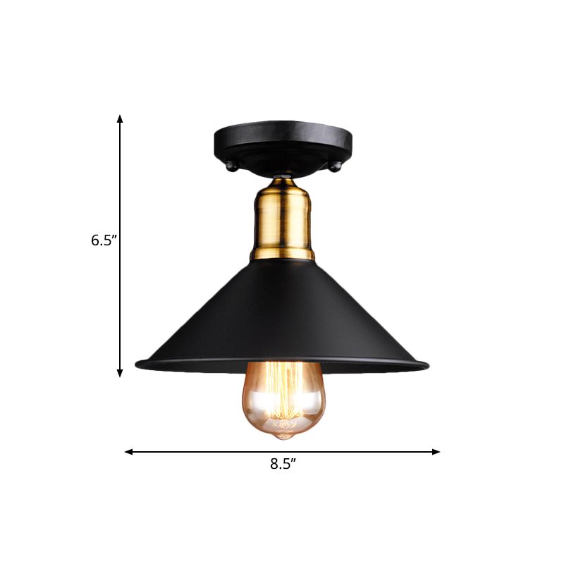 1 Light Conic Semi-Flush Mount Light Vintage Stylish Black/White Metallic Close to Ceiling Lighting