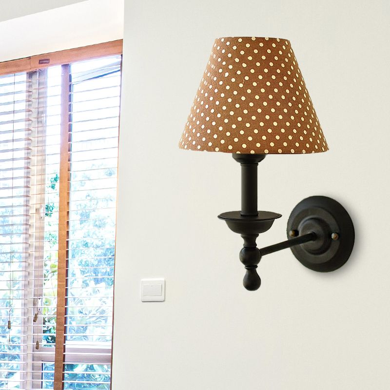 Modern Tapered Sconce Light Fixture 1-Light Metal Wall Mounted Light with Dot Fabric Shade in Coffee/Blue