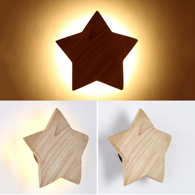 Modern LED Sconce Light Fixture Wood Star-Shaped Wall Sconce Lighting with Wooden Shade