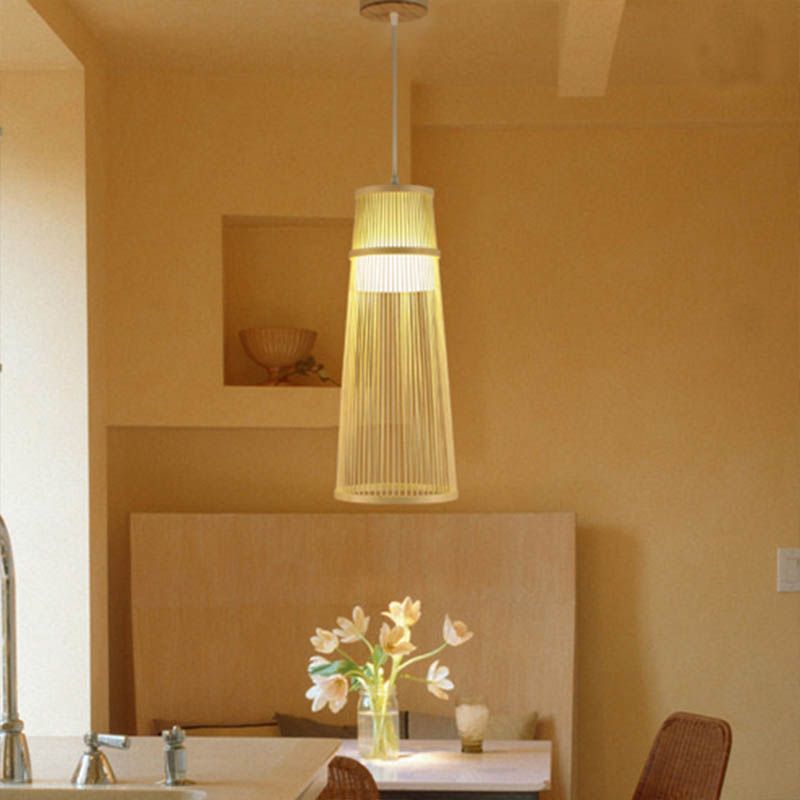 Beige Conical Drop Lamp Asian Style Single Bulb Bamboo Hanging Ceiling Light for Living Room