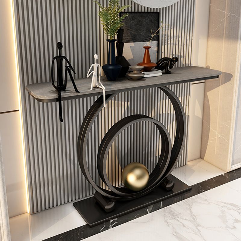 Glam Style Rectangle Top Accent Table with Stone Top and Irone Base for Hall