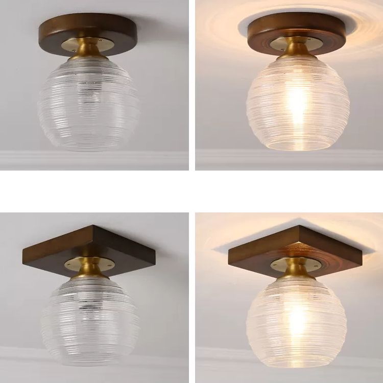 Simplicity Small Ceiling Flush Light Clear Glass 1 Bulb Entryway Flush Mount Light in Dark Wood