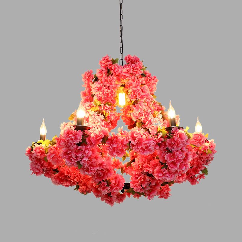 7 Lights Cherry Blossom Chandelier Antique Pink Metal LED Pendant Light for Restaurant