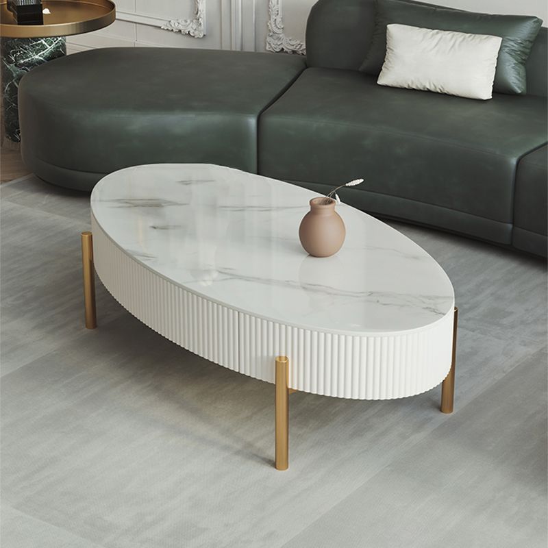 Glam Oval Stone Top Coffee Table with 4 Legs and 1 Storage Drawer