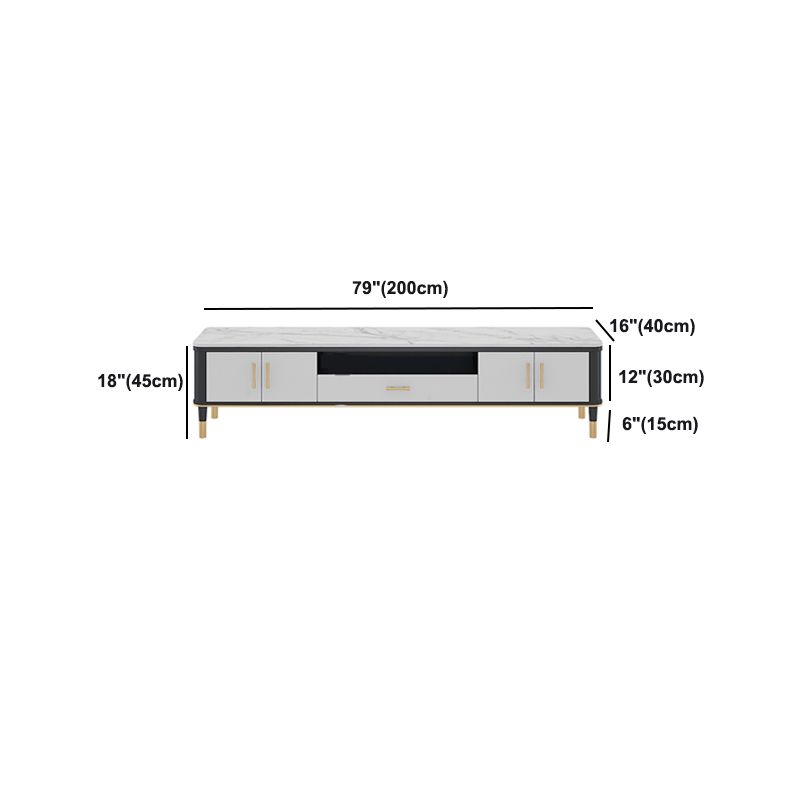Glam Style TV Stand Stone White Colour Open Storage TV Console with Shelves