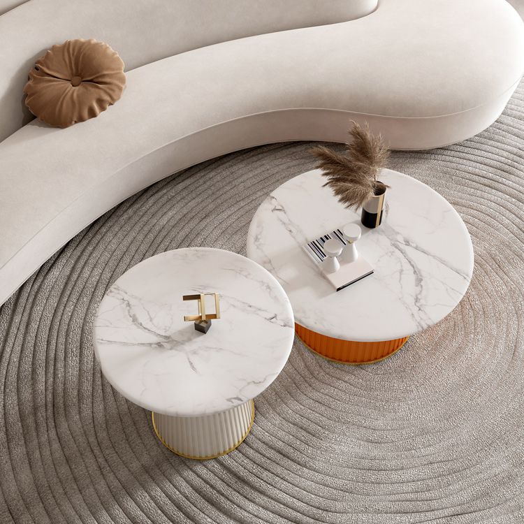 White Pedestal Round Glam Metal Coffee Cocktail Table with Slate Top