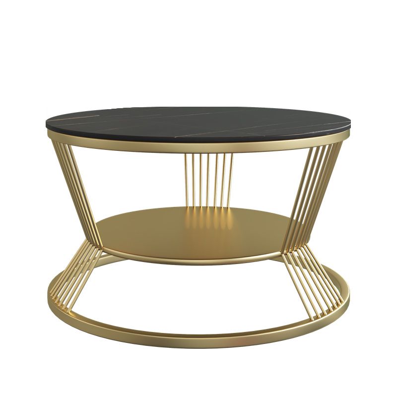 Modern Slate Frame Coffee Table Open Shelf Round Cocktail Table in Black/White