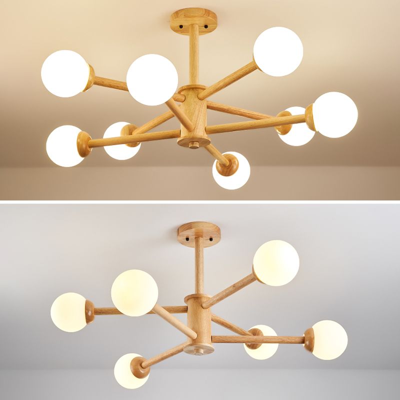 Modern Style Wooden Chandelier Ceiling Hanging Light Fixture with Glass Shade