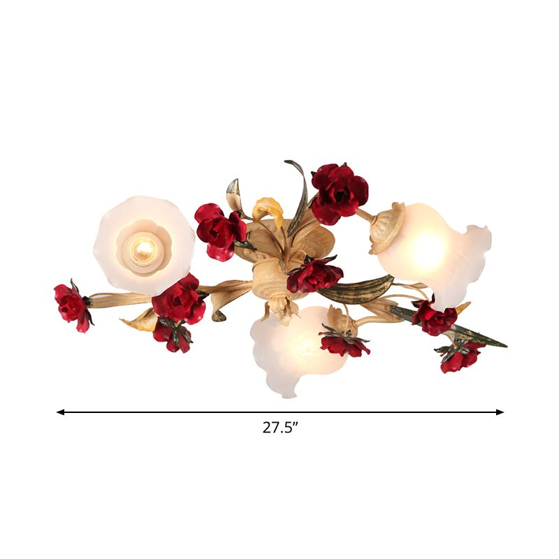 3/5-Light Flush Lamp Romantic Pastoral Living Room Semi Flush Mount with Flower Frosted Glass Shade in White