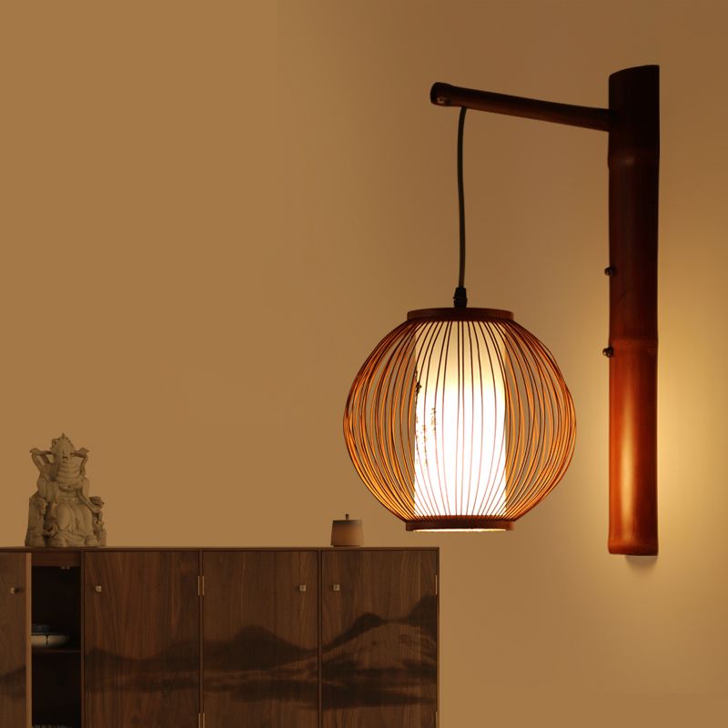 Global Wall Lighting Traditional Bamboo 1 Bulb Bronze Sconce Light Fixture with Inner White Cylinder Parchment Shade
