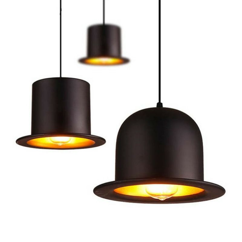 Black Gentleman Hat Shaped Hanging Lamp Loft 1 Bulb Metal Ceiling Light for Dining Room