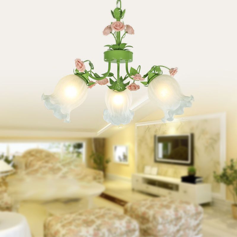 Pastoral Flower Hanging Pendant 3/5 Heads White Glass Chandelier Lighting Fixture in Green for Living Room