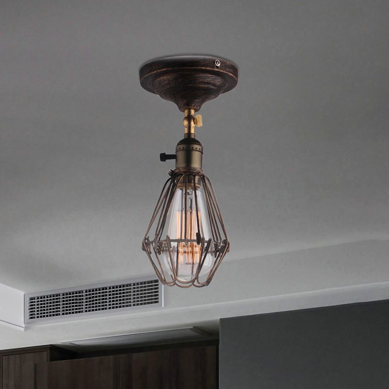 Plafonnier semi-encastré en cage en fer forgé, style ferme, élégant, 1 lumière, luminaire de plafond pour chambre à coucher, rouille/argent vieilli