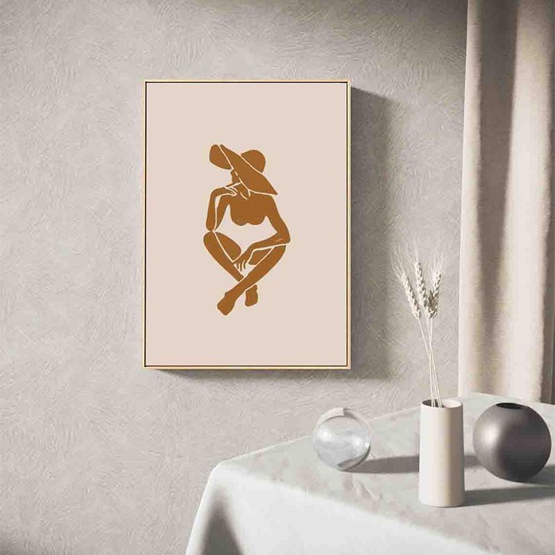 Brown Hatted Girl Art Print Figure Pattern Nordic Textured Wrapped Canvas for Sitting Room