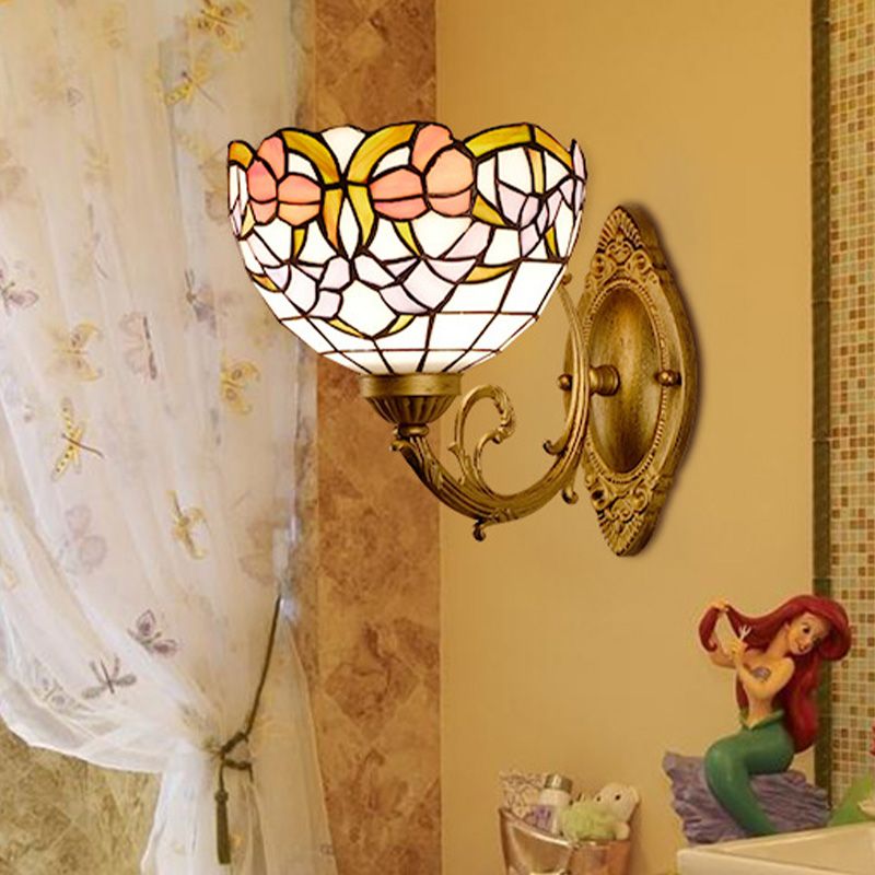 Grape/Blossom Vanity Lighting Fixture 1 Light Stained Art Glass Victorian Sconce Light in Brass for Bathroom