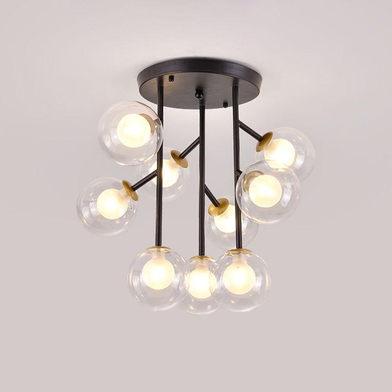 Ball Semi Mount Lighting Modern Clear Glass 9/12 Heads Living Room Close to Ceiling Lamp in Black/Gold