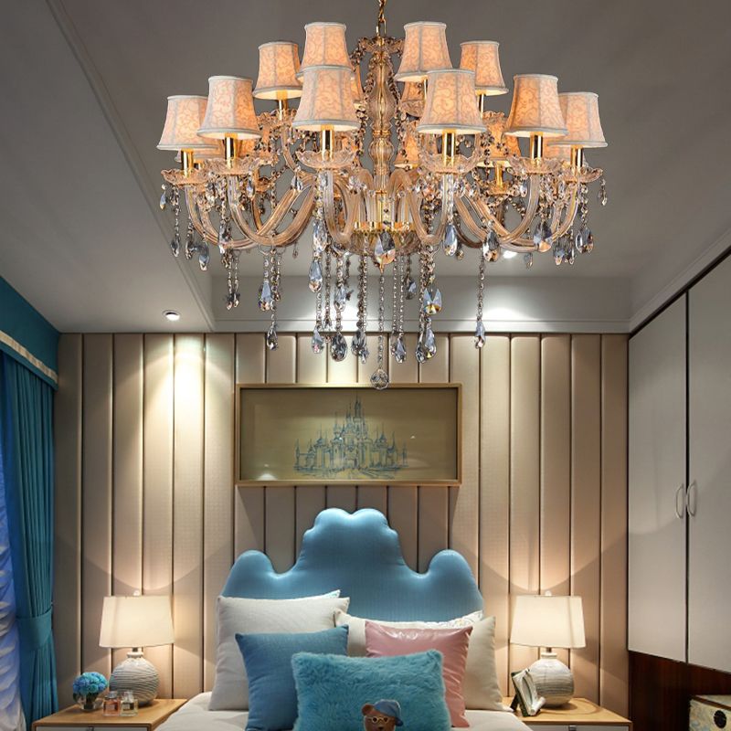 Armed Clear K9 Crystal Pendant Chandelier Rustic 6/8/10 Heads Beige Hanging Ceiling Light with Flared Fabric Shade