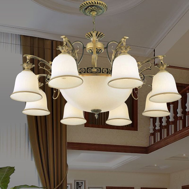 Rustic Carillon Chandelier Lighting 11 Heads White Glass Suspended Lighting Fixture in Brass