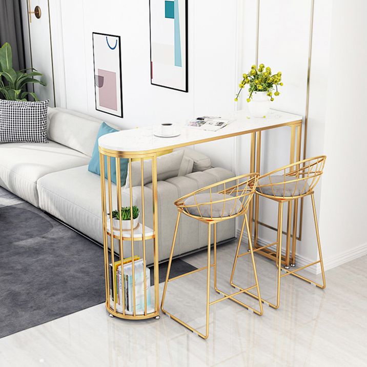 Glam Faux Marble Indoor Pub Bar Table Iron Double Pedestal Bar Dining Table with 2-Shelf