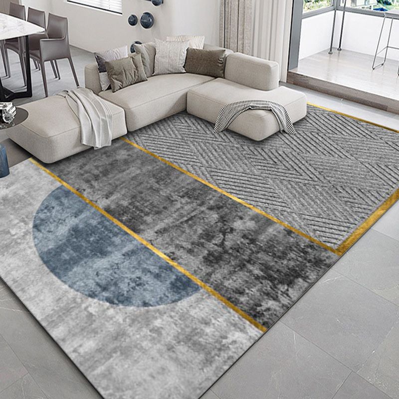 Grey Living Room Area Carpet Modern Geometric Print Area Rug Stain Resistant Area Rug