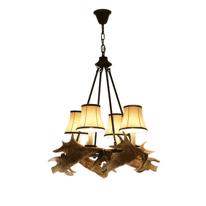 Lampadario conico a soffitto sala da pranzo in resina rustica 4 luci appuntamento appeso al beige con tonalità in tessuto
