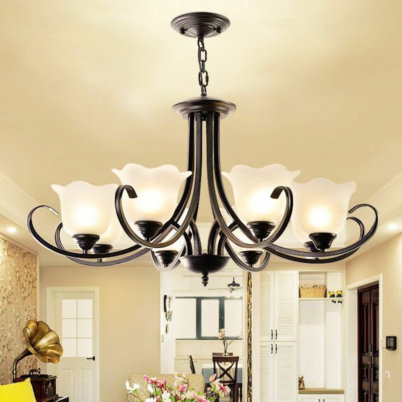 Classic Floral Chandelier Lighting Iron Pendant Light with Ruffled Cream Glass Shade