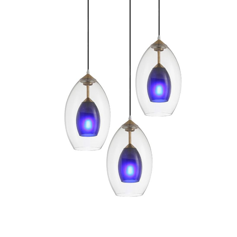 Oval Clear and Blue Multi Pendant Chandelier Simple 3-Light White Hanging Ceiling Lamp