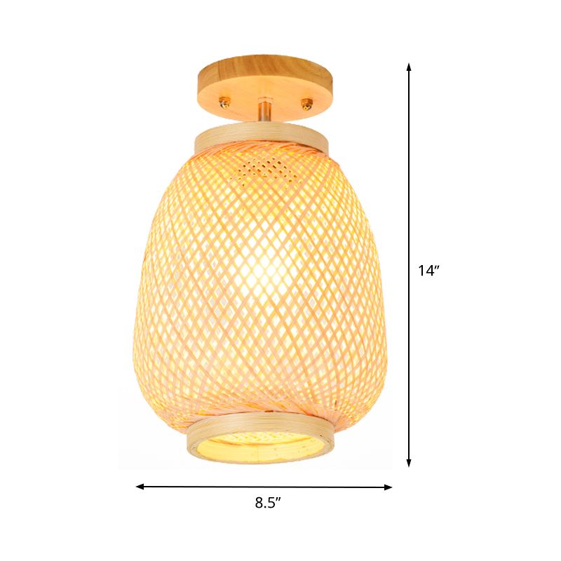 Lantern Bamboo Semi-Flush Mount Asian 1 Head Beige Ceiling Mounted Fixture for Restaurant