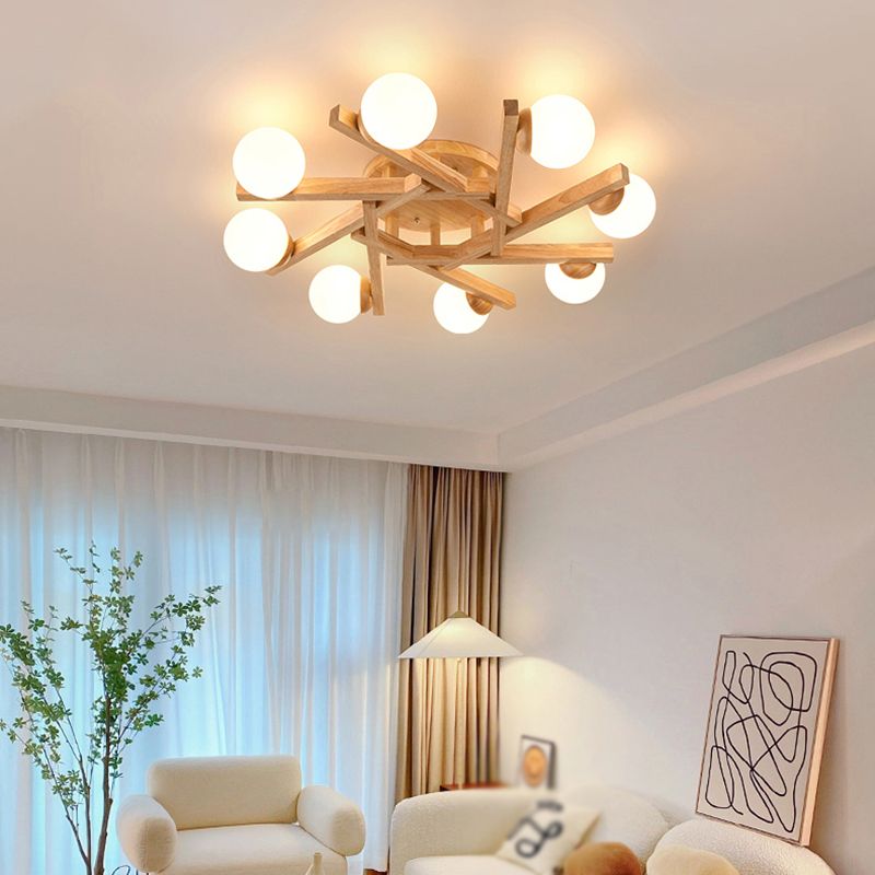 Nordic Flush Mount Globe Ceiling Light Fixture with Wood and Glass for Bedroom
