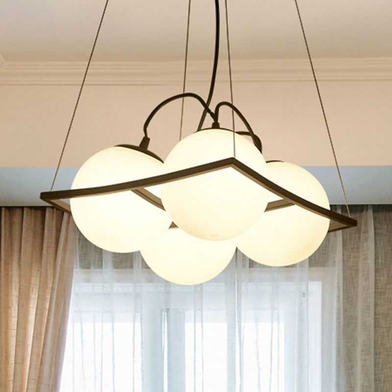 Globe Living Room Ceiling Chandelier Traditional Frosted Glass 4/9 Lights White Hanging Fixture
with Square Frame