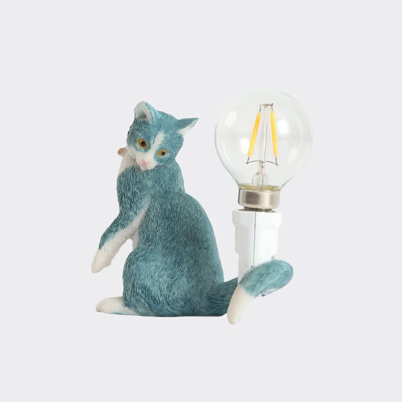 Tabby Cat Holder Table Lamp Kids Iron 1 Bulb Black/Yellow/Blue Nightstand Light with Bare Bulb Design