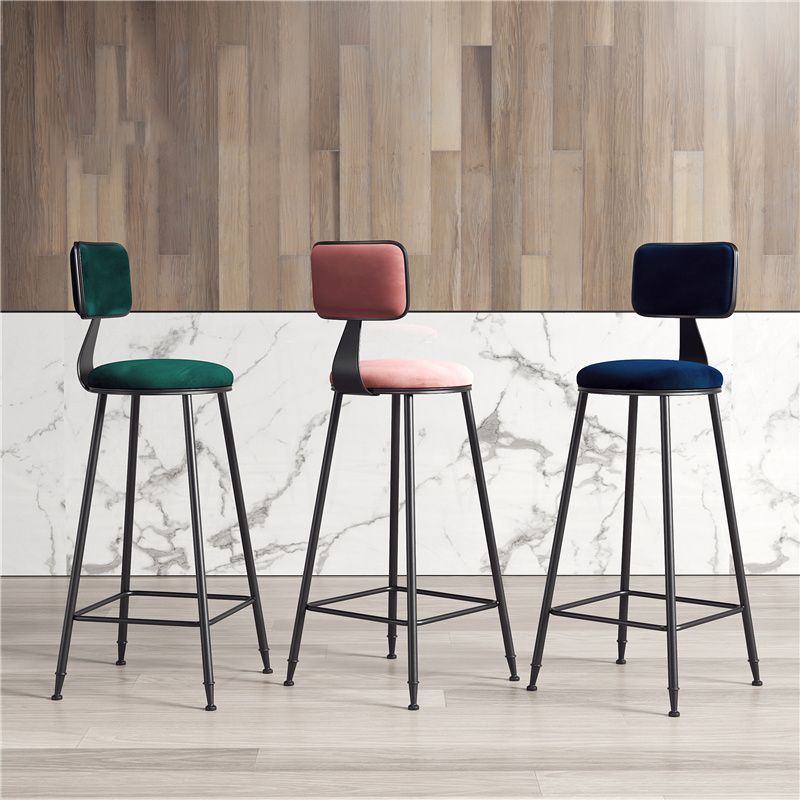 Contemporary Counter Bar Stool Backrest Velvet Bar Stool with Footrest, Iron Base