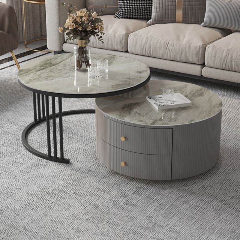 Contemporary Cocktail Table Round Glass / Slate Coffee Table with Drawers