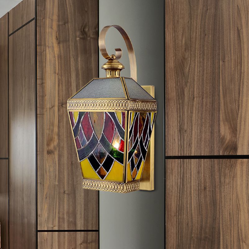 1 Light Wall Mount Lamp Arab Style Corner Sconce Lighting with Pyramid White/Red Glass Shade