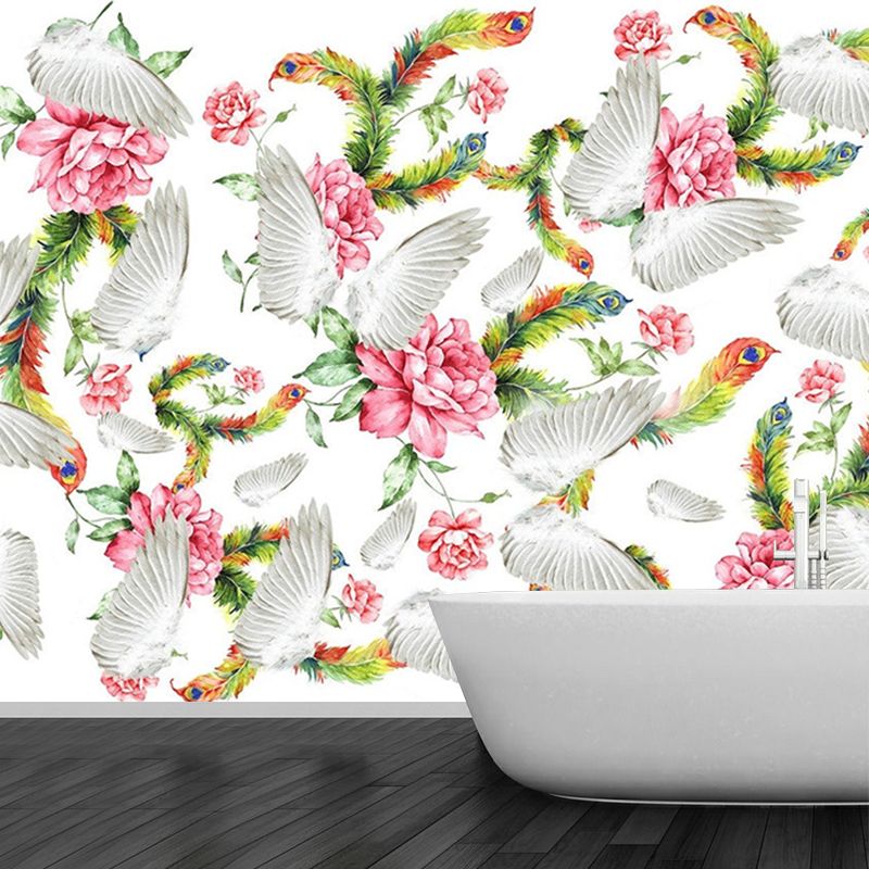 Pink-Green Wing Murals Wallpaper Flower with Feather Modern Dec0rative Wall Art for Bedroom