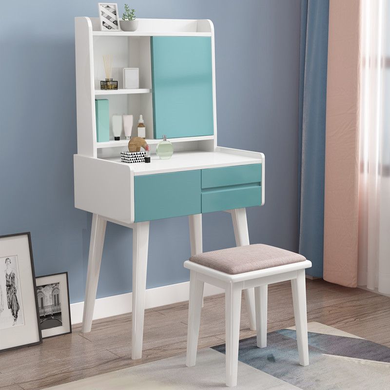 Solid Wood Vanity Table Set 3-Drawer Makeup Vanity Table with Mirror and Stool