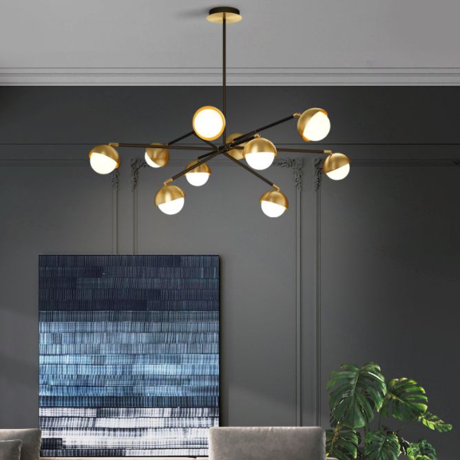 Postmodern Sputnik Chandelier Metal Living Room Pendant Light with White Glass Shade