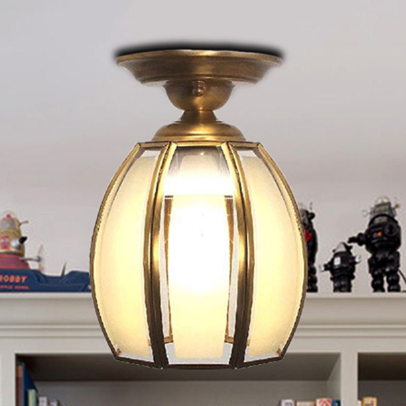 Brass Cup Semi Flush Mount Lamp Traditionary Frosted Glass 1 Bulb Ceiling Mounted Light for Living Room