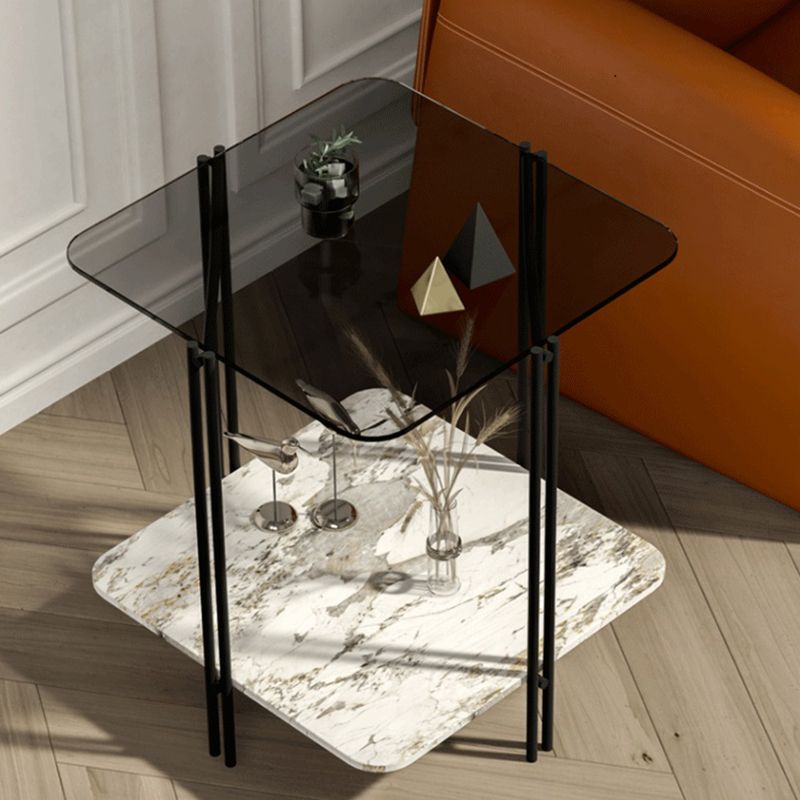 Modernistic Glass Top Square End Table 23.7" Tall Side Table with Shelf