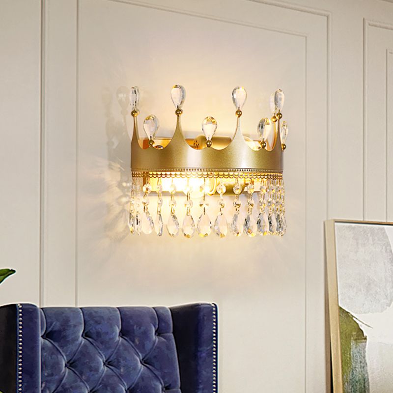 Metal Crown Wall Sconce Lighting Cartoon 2 Heads Gold LED Wall Mount Lamp with Crystal Drop Deco