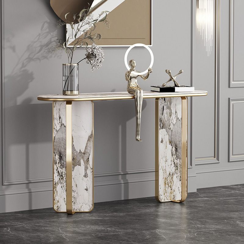 Stone Oval Console Table 33.46" Tall 1-shelf Accent Table for Hall