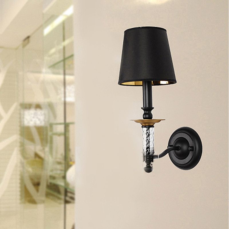 Conical Foyer Sconce Light Antique Fabric 1 Light Black Wall Mounted Lamp with Acrylic Accent