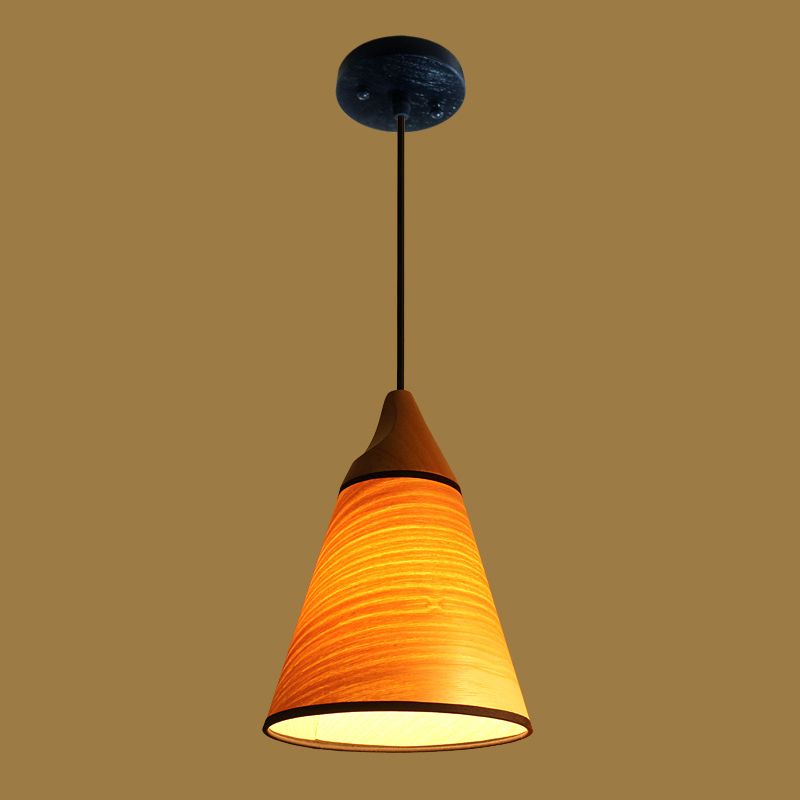 Simple Conical Pendant Lamp Wood Veneer 1 Head Dining Room Hanging Light Fixture